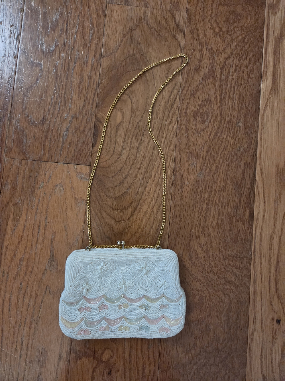 Beaded Cream Evening Crossbody Bag with Gold Chain